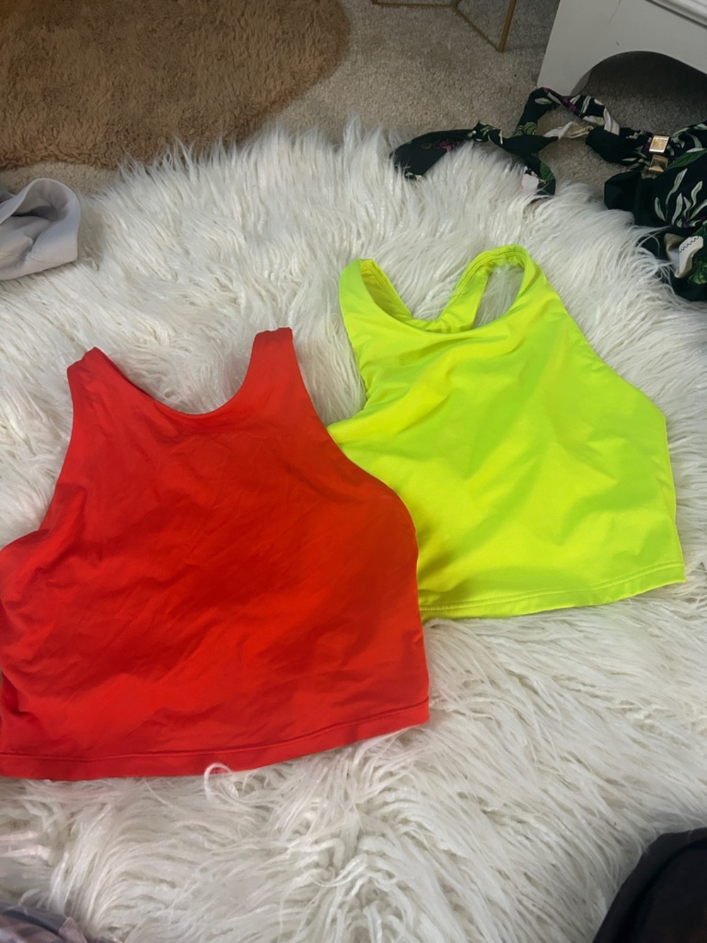Athleta Neon Yellow and Bright orange/red Crop bras XS